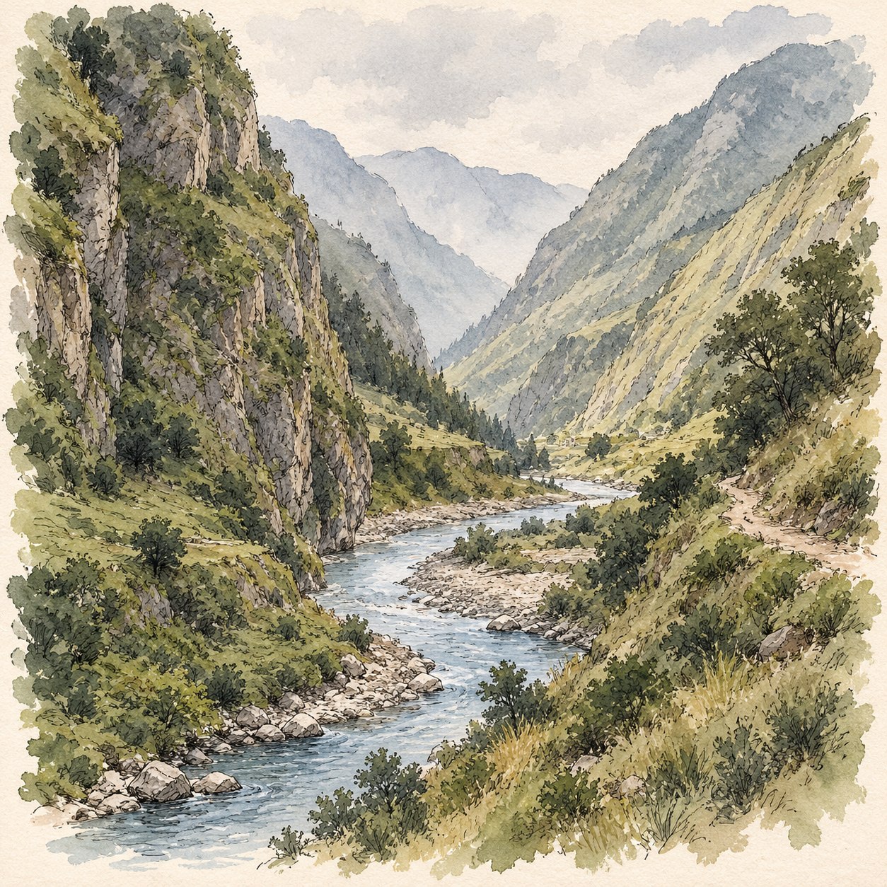 Ruhig fließender Bach in einem grünen Bergtal – Tusche und Aquarell in gedämpften Farben.