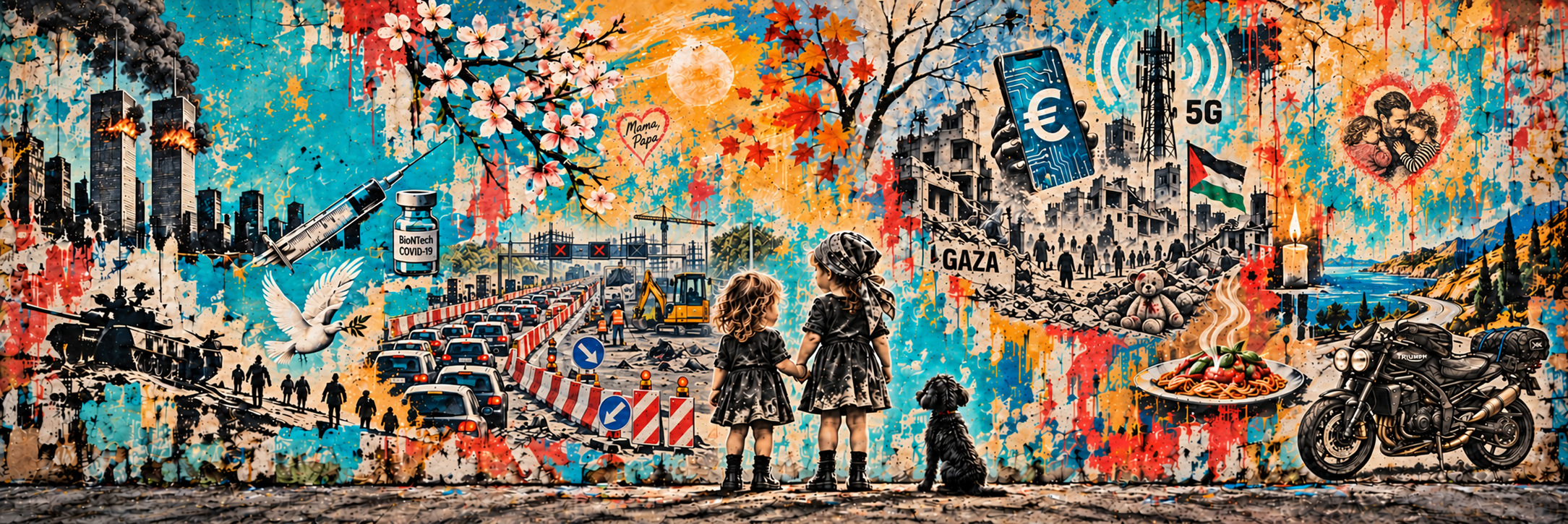 Graffiti mit persönlichen und gesellschaftlichen Motiven, zwei Mädchen und Hund.