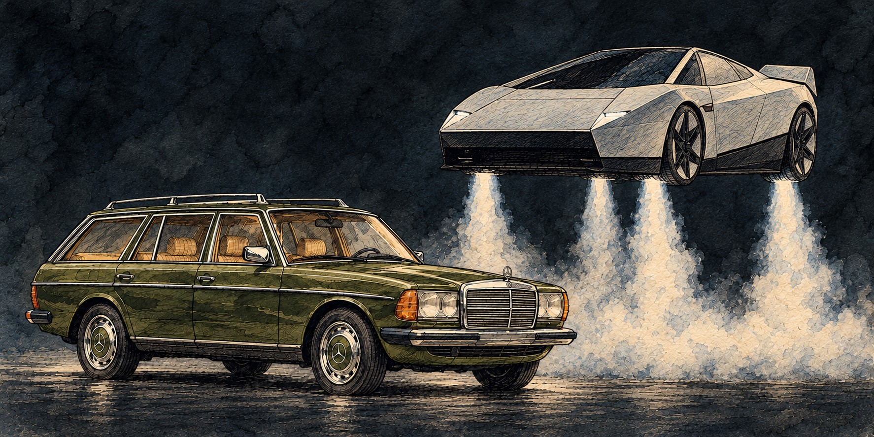 Mercedes und kantiger Tesla.