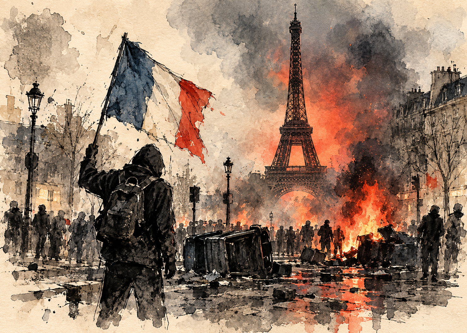 Künstlerische Illustration einer Protestszene in Paris mit Eiffelturm, Trikolore, Rauch und Feuerlicht.