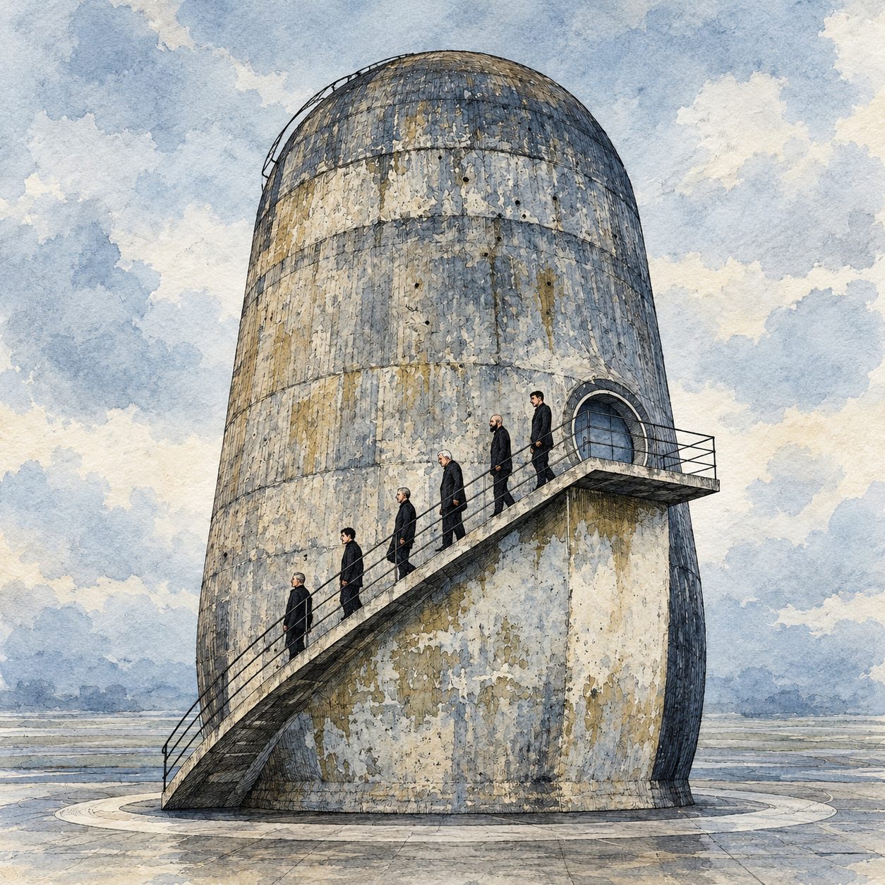 Sechs Gestalten am Betonturm.