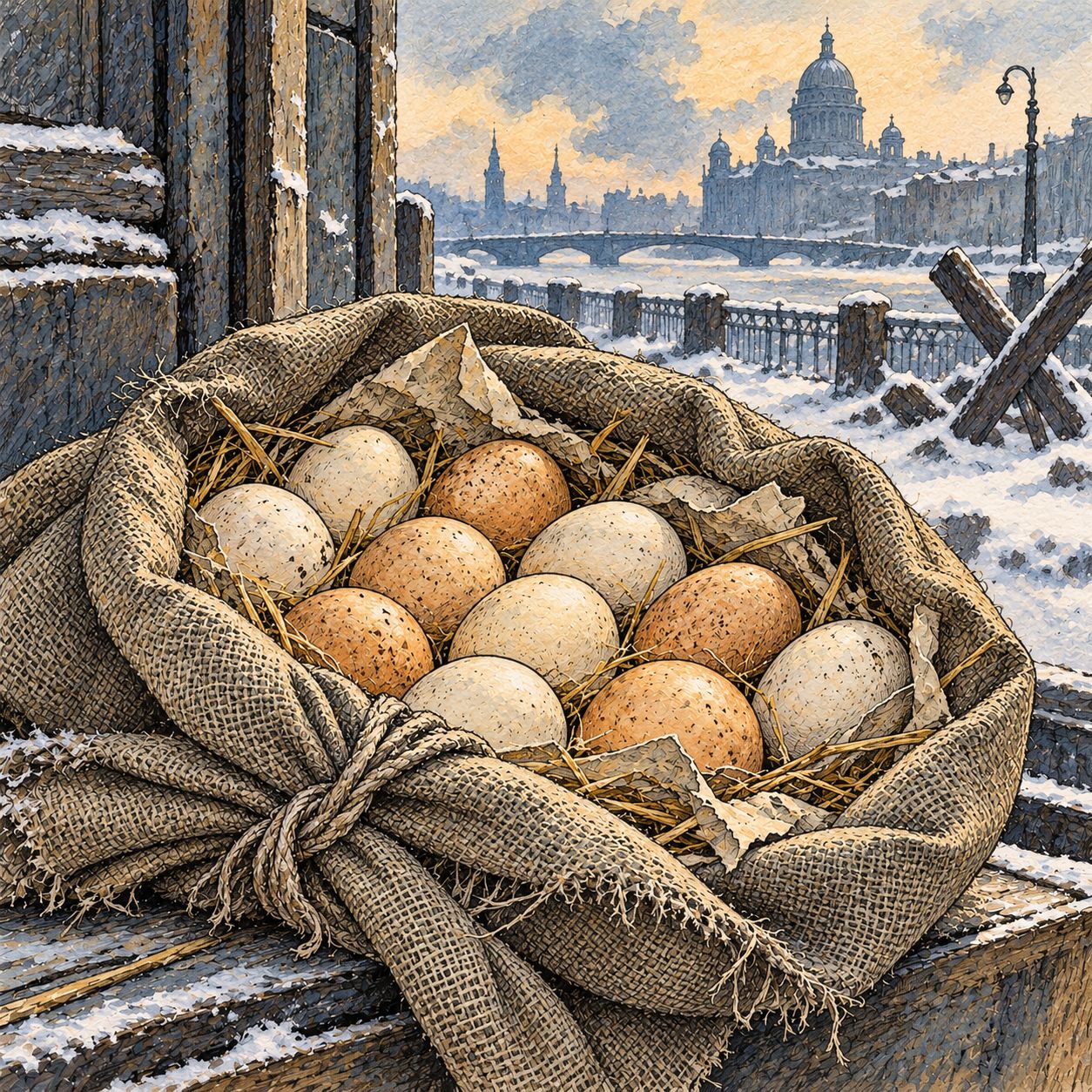 Eier im Leinensack vor verschneiter Stadt.