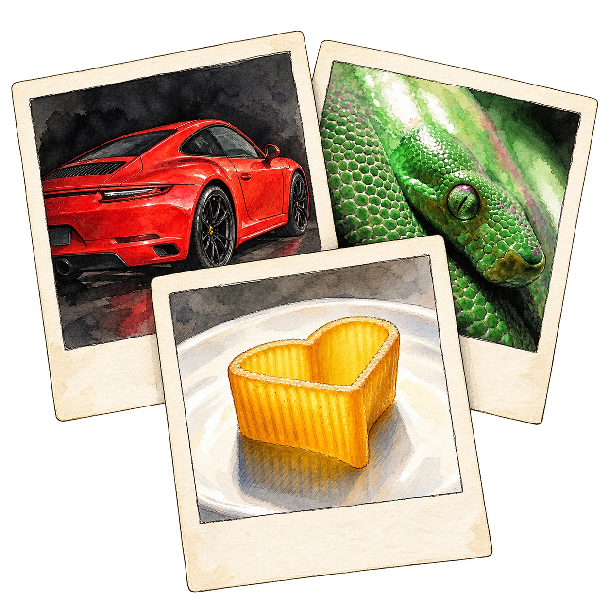 Drei überlappende Polaroids als Tusche-Aquarellzeichnung: roter Porsche, grüner Schlangenkopf und gelbes Nudelherz.