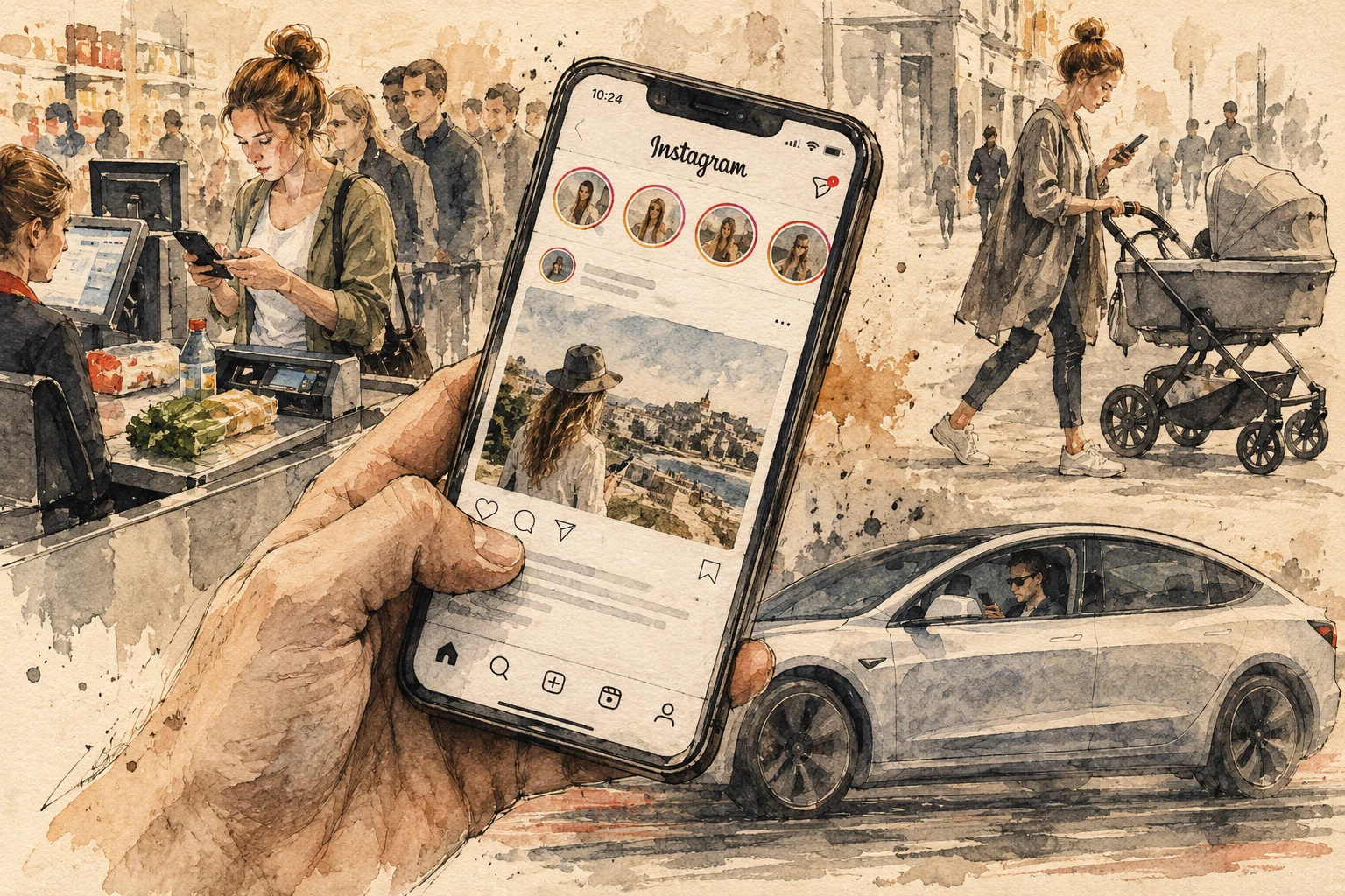 Aquarell-Collage: Smartphone an der Supermarktkasse, am Steuer und beim Spaziergang mit Kinderwagen.