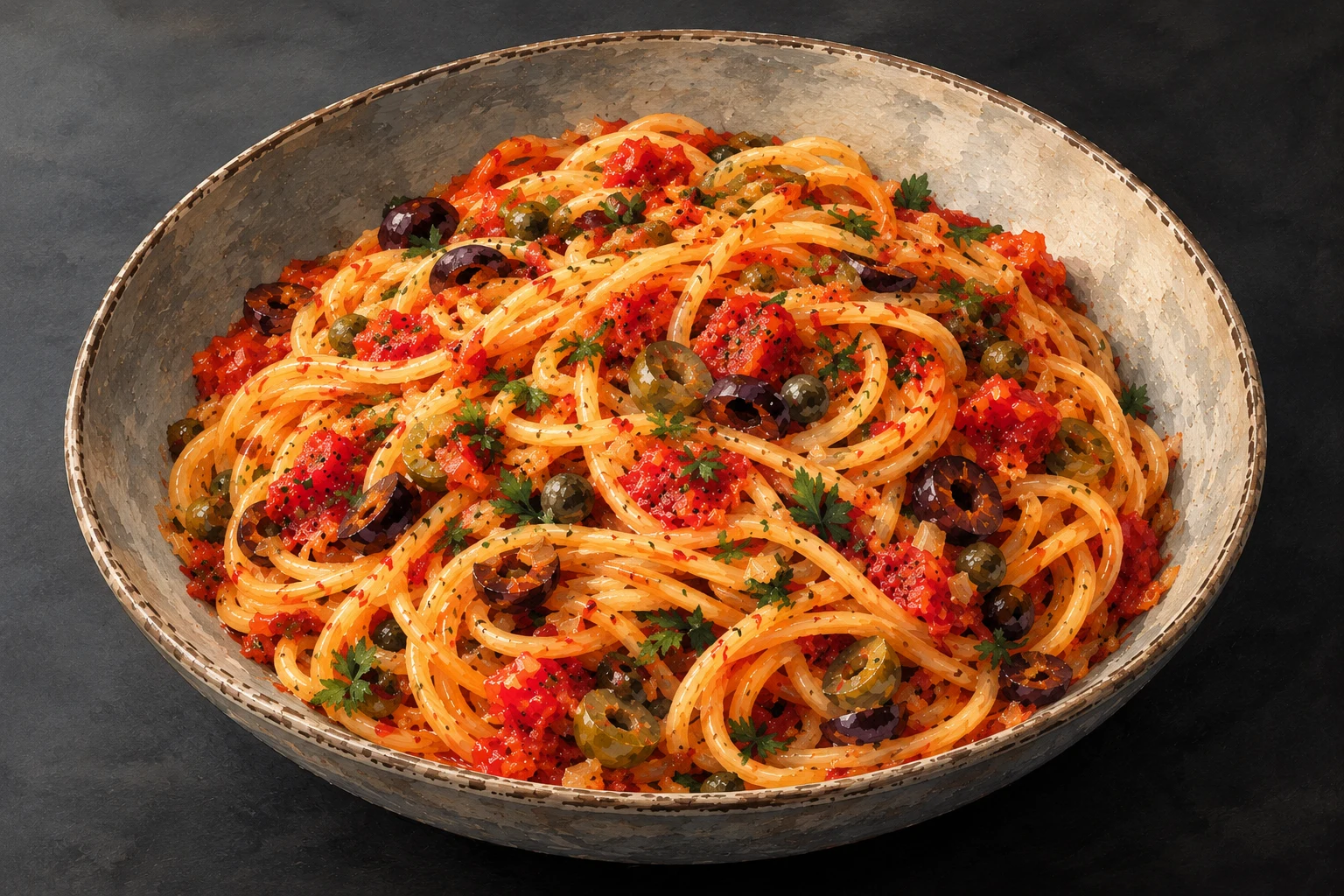 Illustration von Spaghetti alla Puttanesca mit Tomaten, Oliven, Kapern und fein verteilten Kräutern in einer rustikalen Schale.