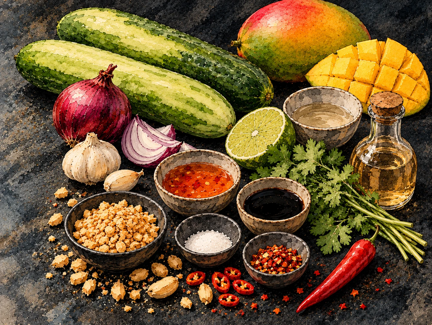 Aquarelliertes Stillleben mit Gurken, Mango, roter Zwiebel, Limette, Knoblauch, Chili, Koriander, Erdnüssen und Zutaten für das Thai-Dressing.