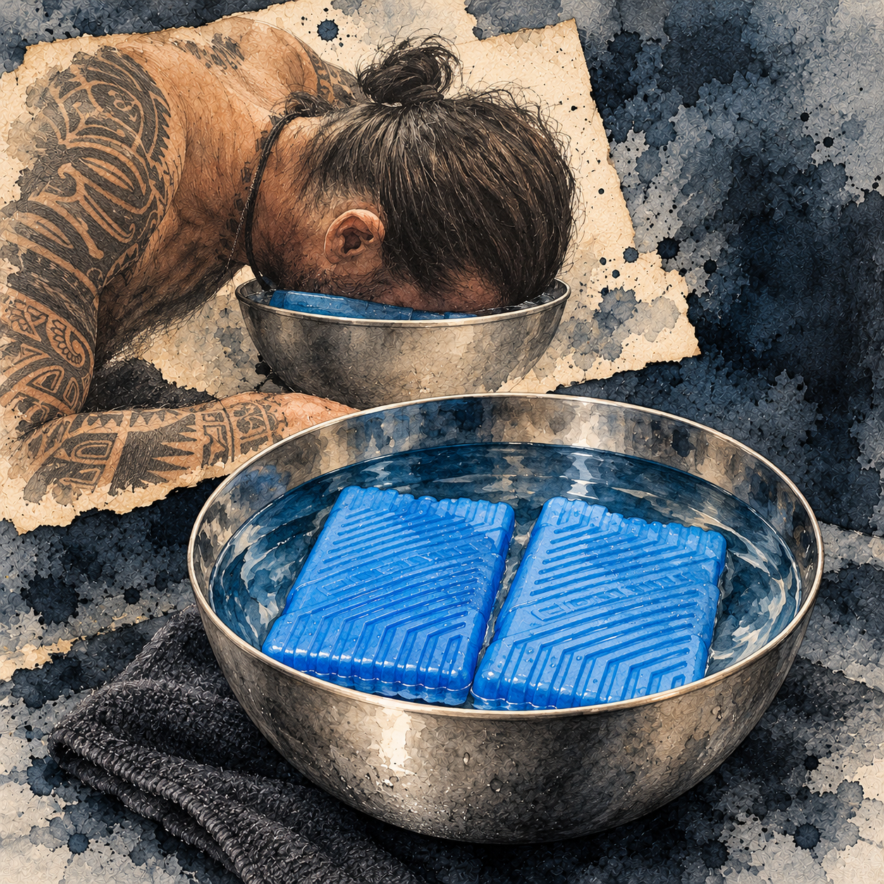 Aquarellcollage von Alexanders Morgenroutine: Gesicht in einer Schüssel mit kaltem Wasser sowie eine Edelstahlschüssel mit zwei blauen Kühlakkus.