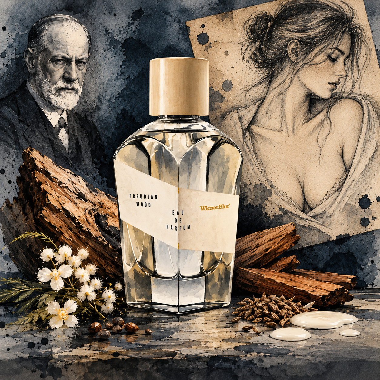 Aquarellillustration mit Freudian-Wood-Flakon von WienerBlut, Sigmund Freud, einer Frauenzeichnung und symbolischen Duftzutaten.