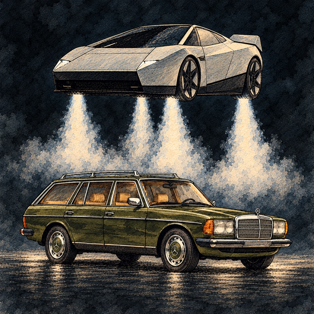 Mercedes am Boden, kantiger Tesla in der Luft.