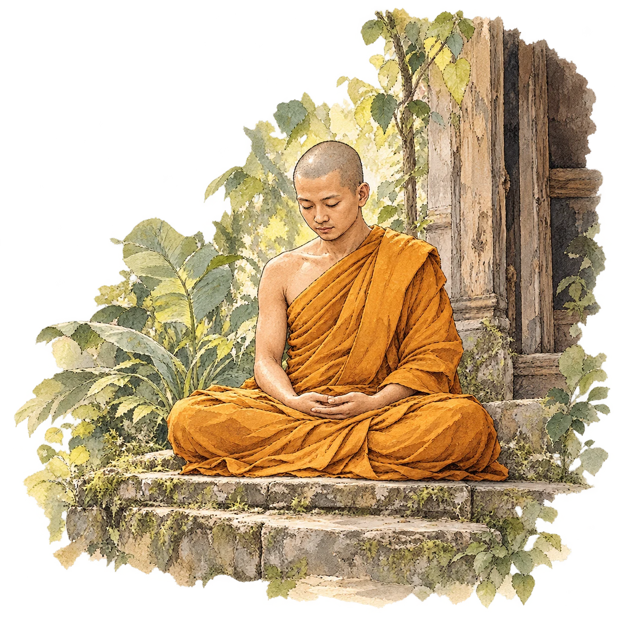 Ein buddhistischer Mönch in orangefarbener Robe vor einem Tempel, als Tusche- und Aquarellillustration.
